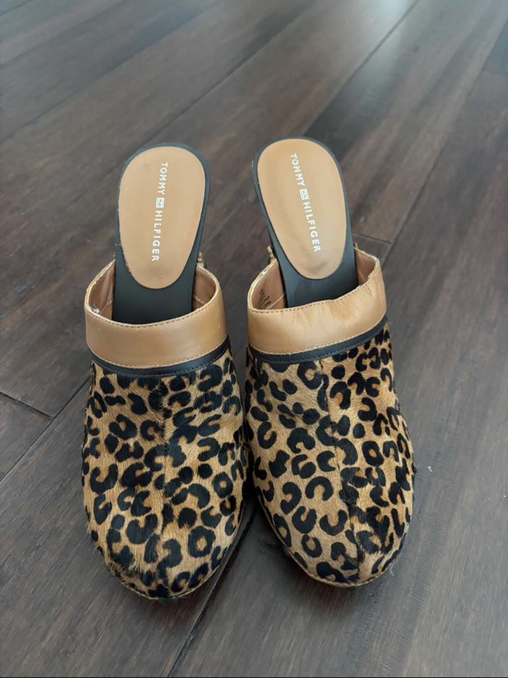Tommy Hilfiger Leopard Print Mules with Tan Trim